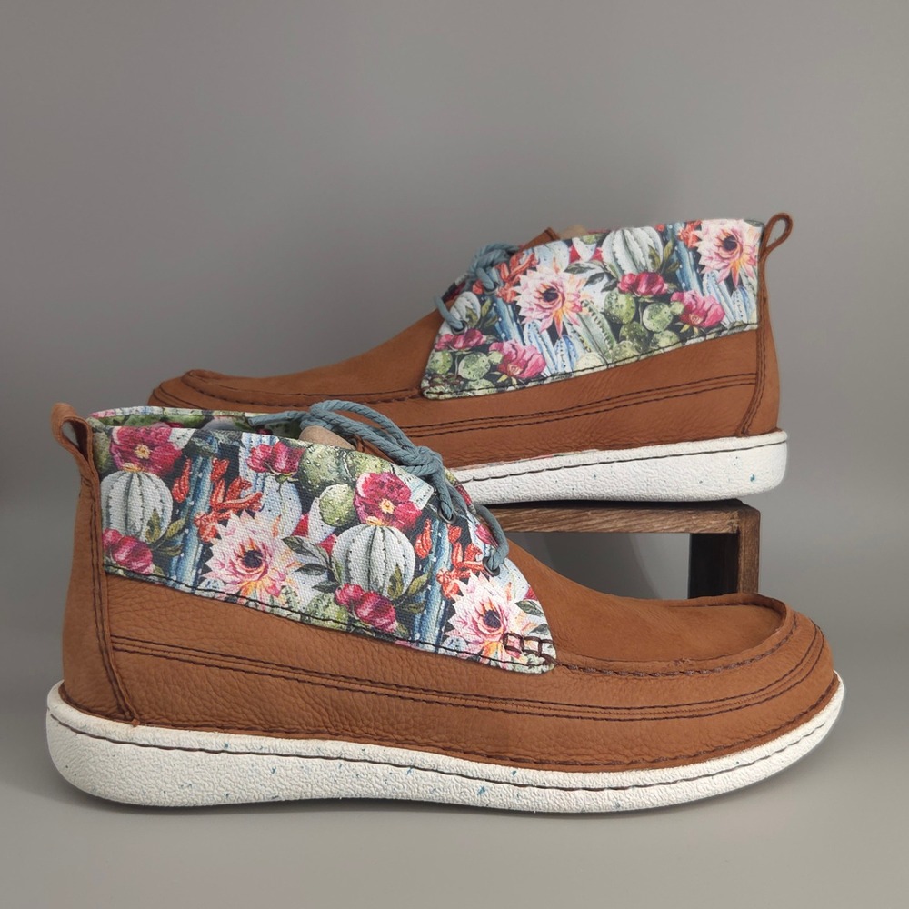 Justin JL121 Lacer Boots Women 11 Pecan Leather Floral Cactus‎ Western Boho